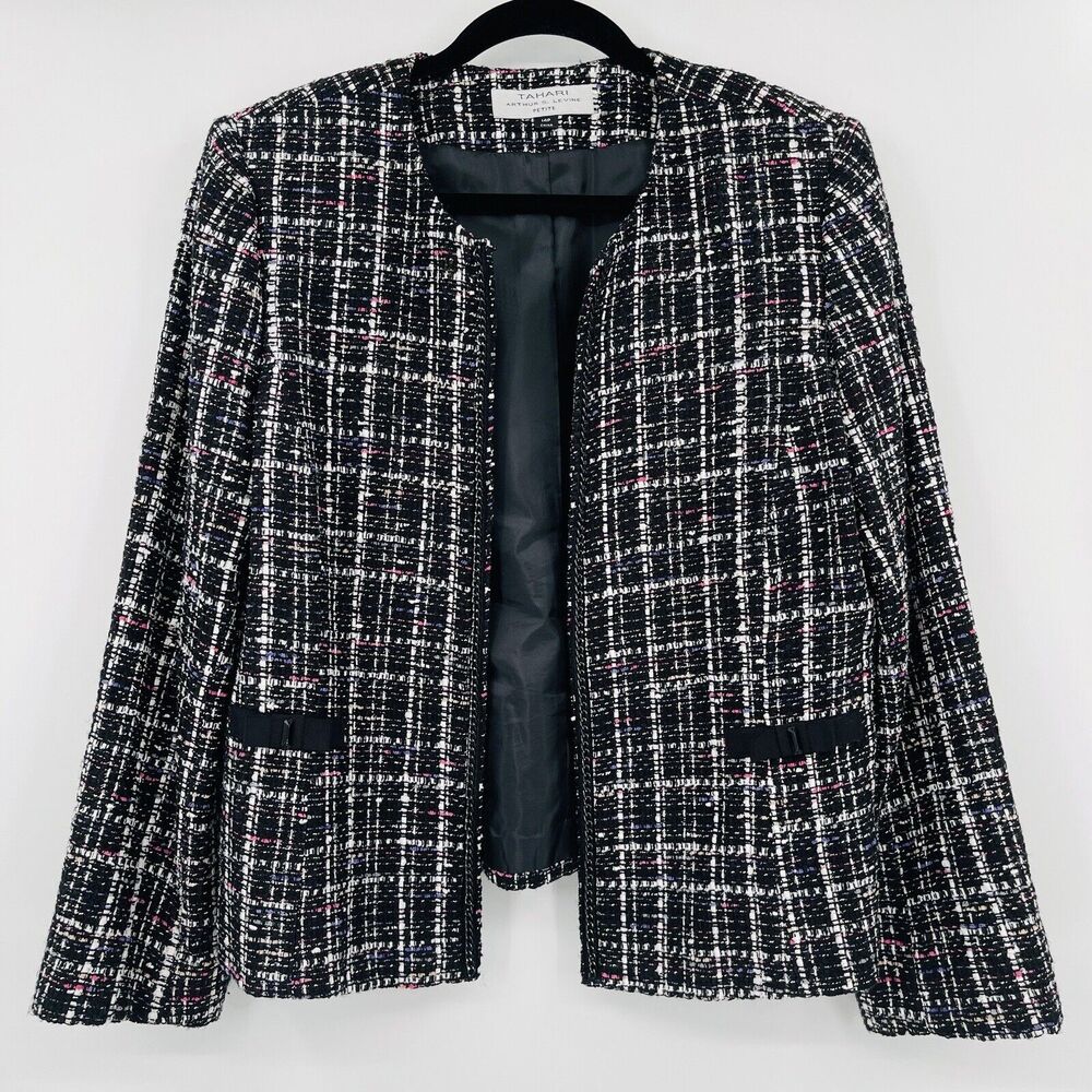Tahari ASL Womens Jacket Size 14P Black Tweed Open Front Embellished Blazer